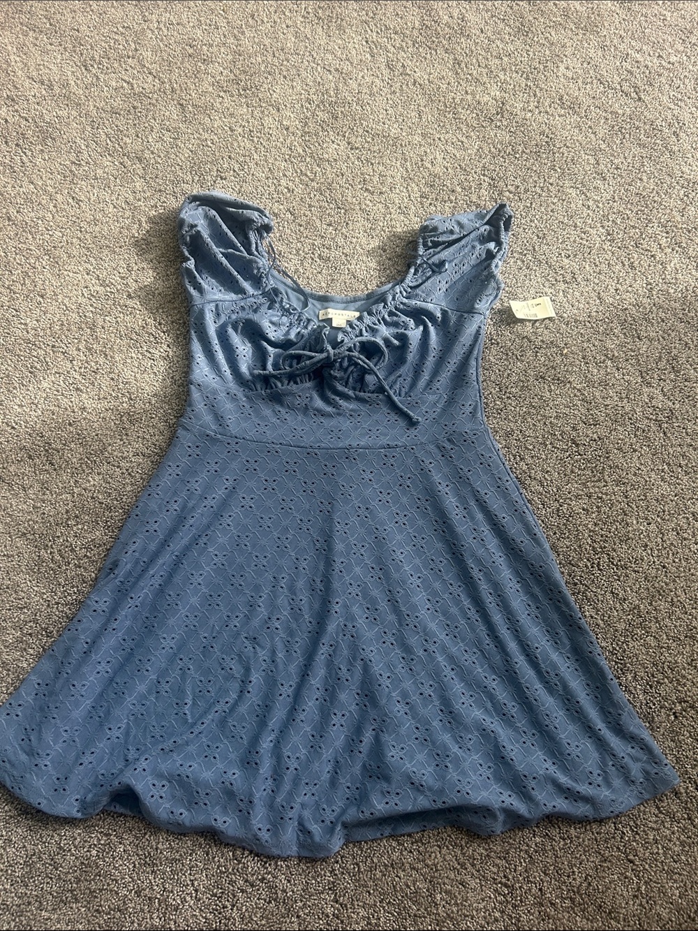 Blue Eyelet Lace-Up Summer Dress
